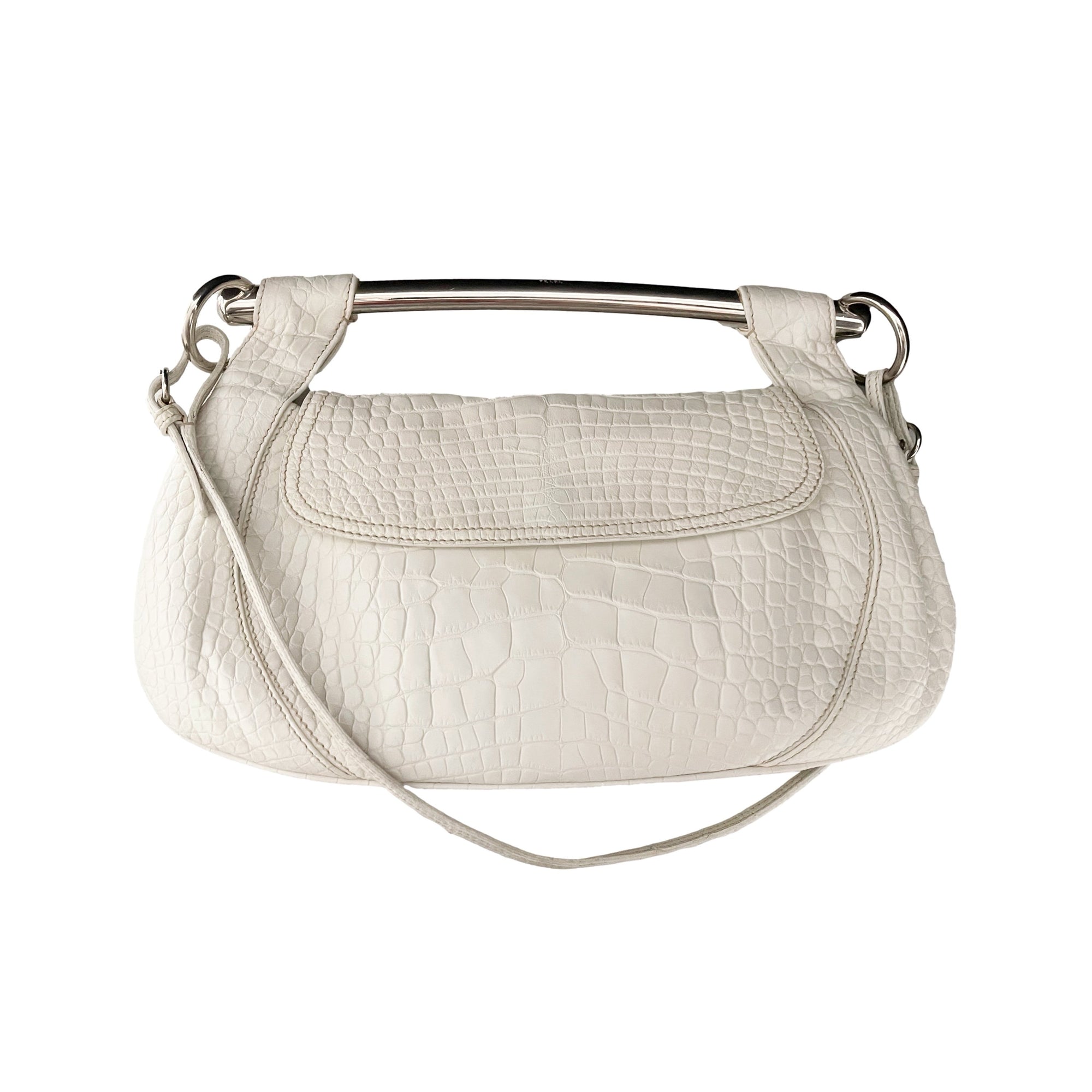 Prada White Croc Embossed Jumbo Bar Clutch - Handbags