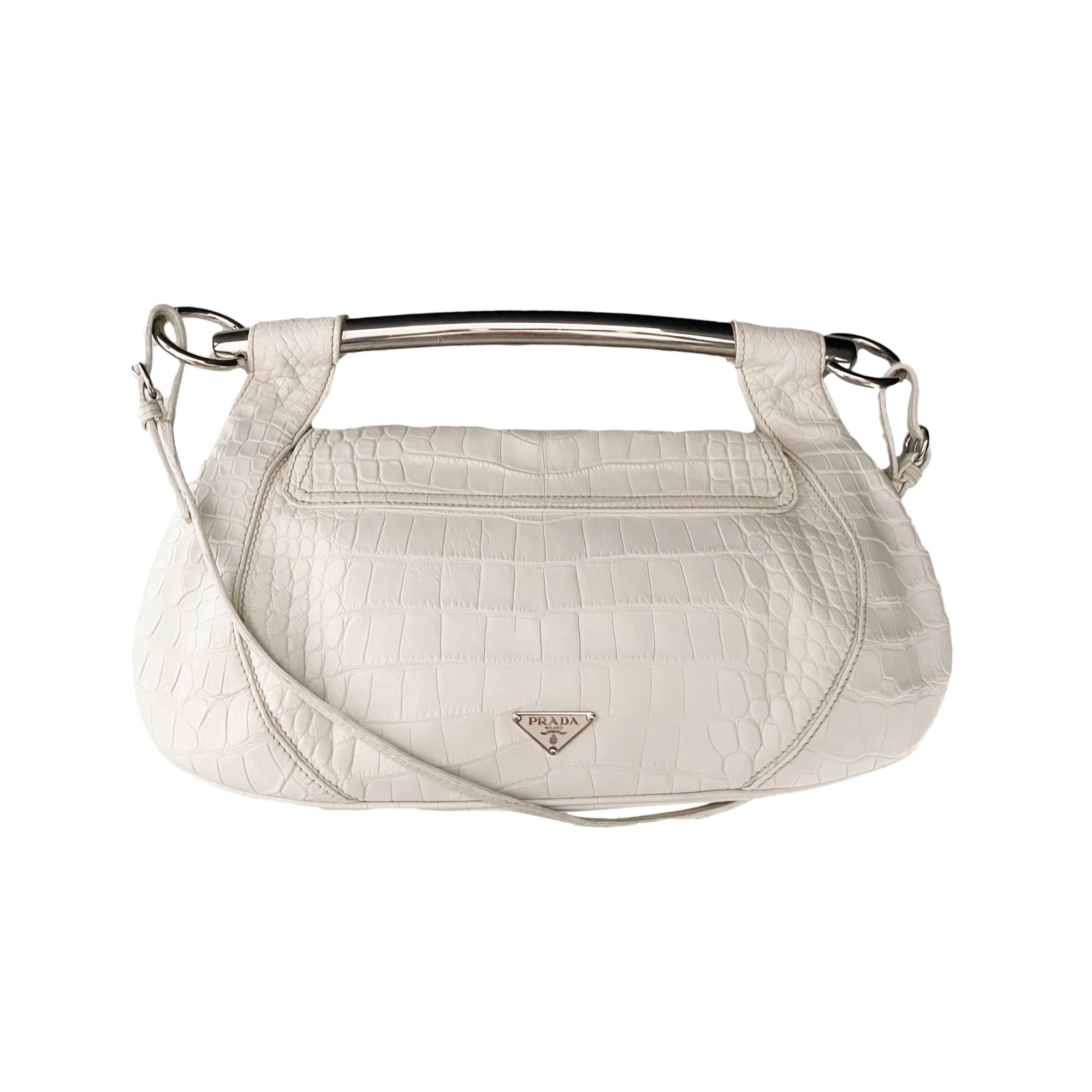 Prada White Croc Embossed Jumbo Bar Clutch - Handbags