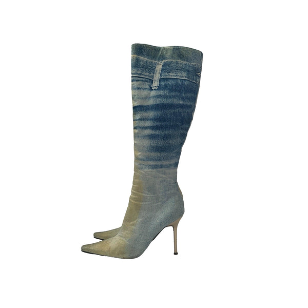 Roberto Cavalli Denim Print Silk Knee Length Boot - Shoes