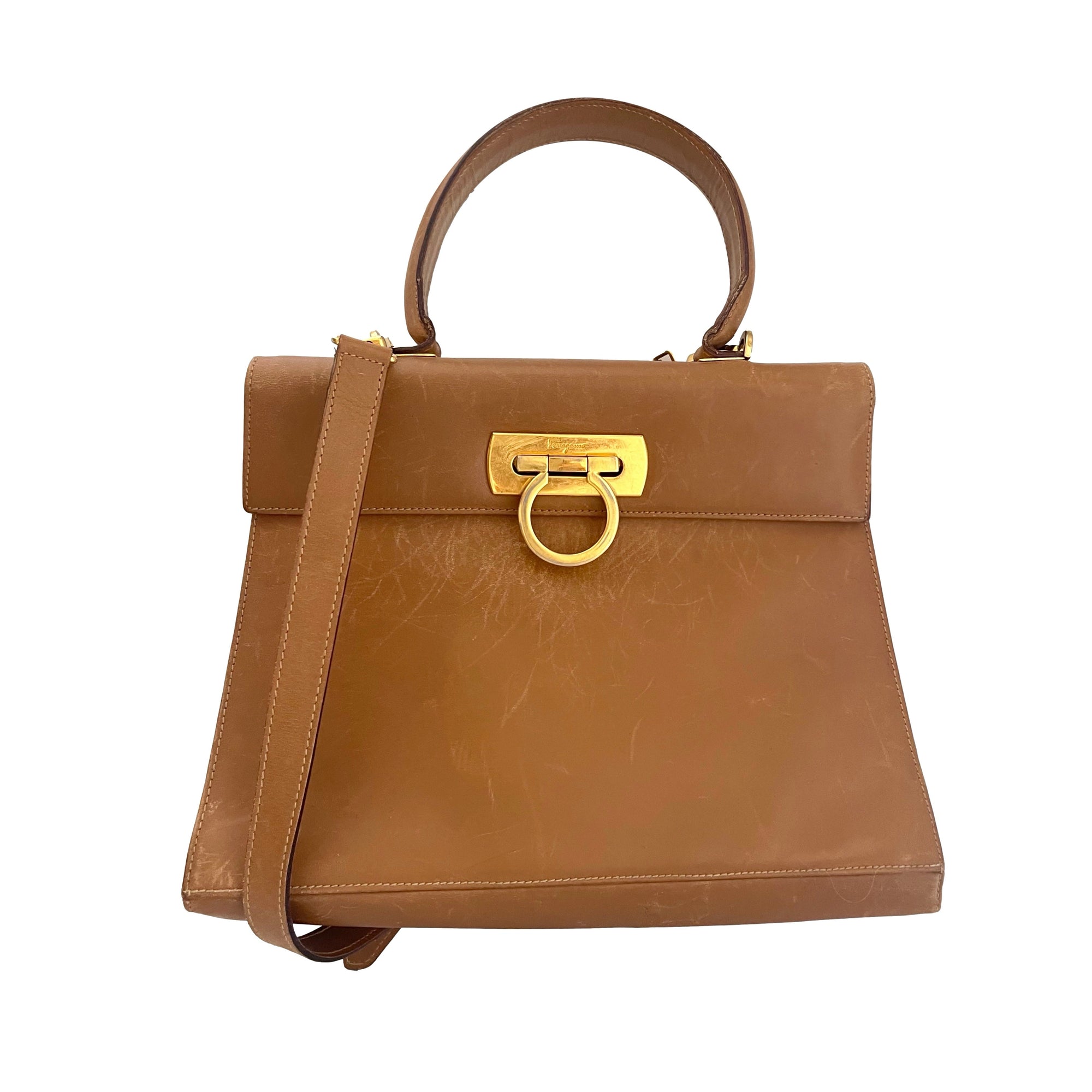 Salvatore Ferragamo Brown Structured Top Handle Bag - 