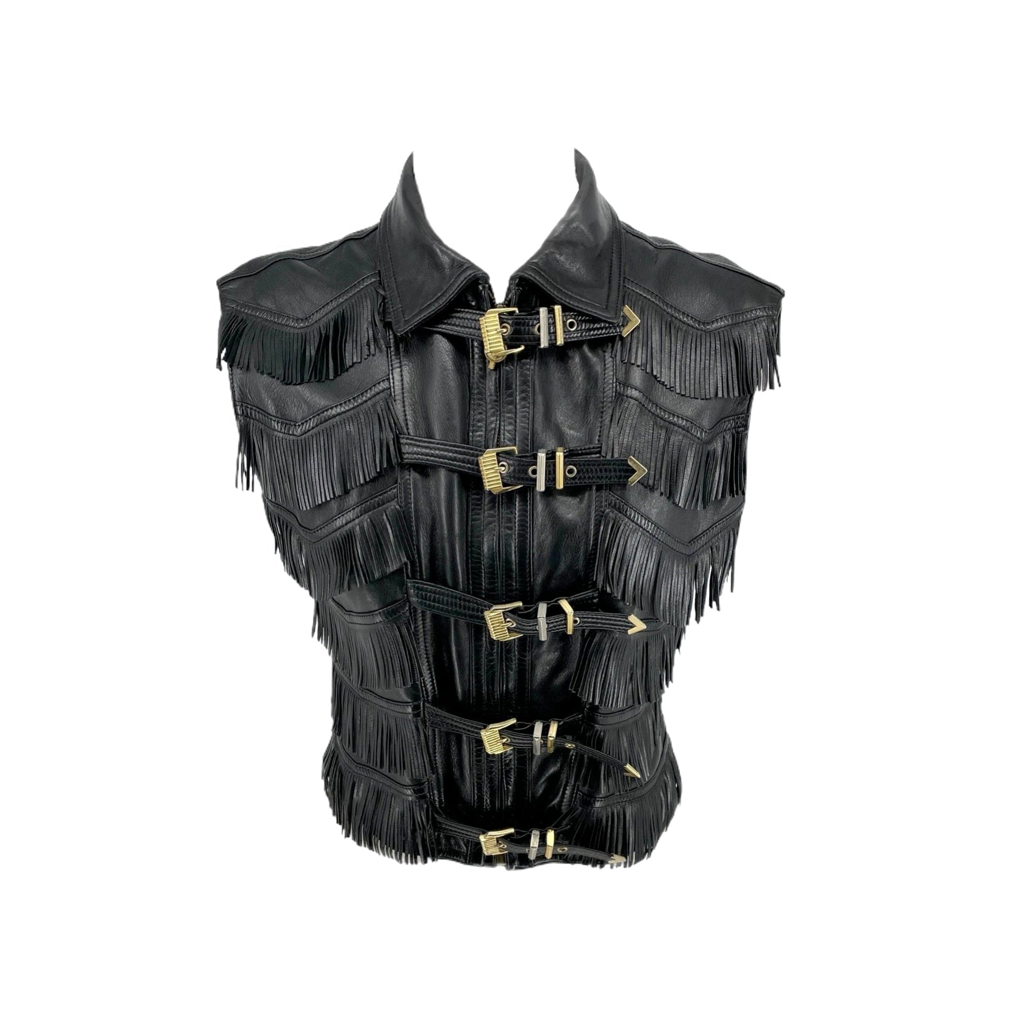 Versace Black Leather Tassel Vest - Apparel