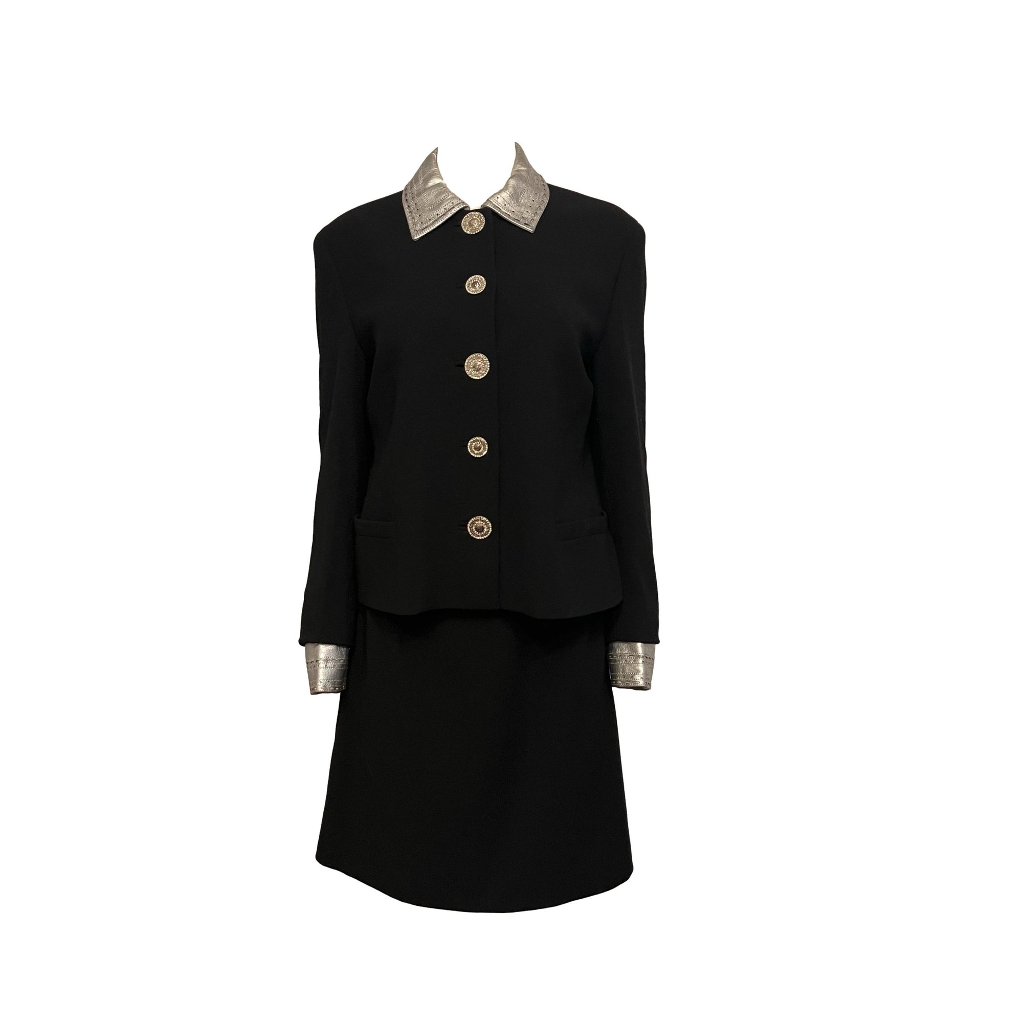 Versace Black Leather Trim Blazer Skirt Set - Apparel