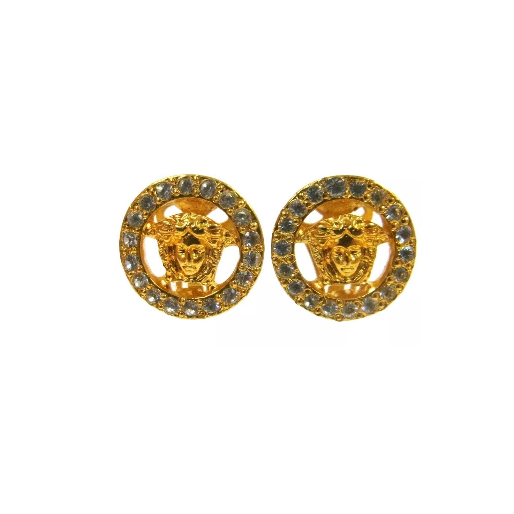 Versace Gold Logo Rhinestone Clip On Earrings - Jewelry