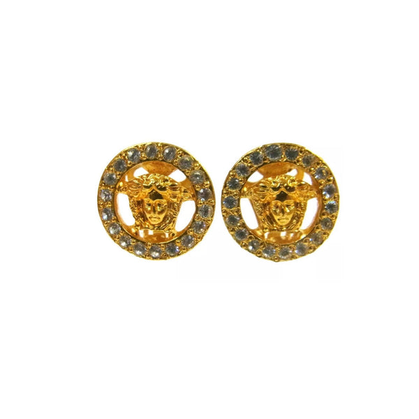 Versace Gold Logo Rhinestone Clip On Earrings