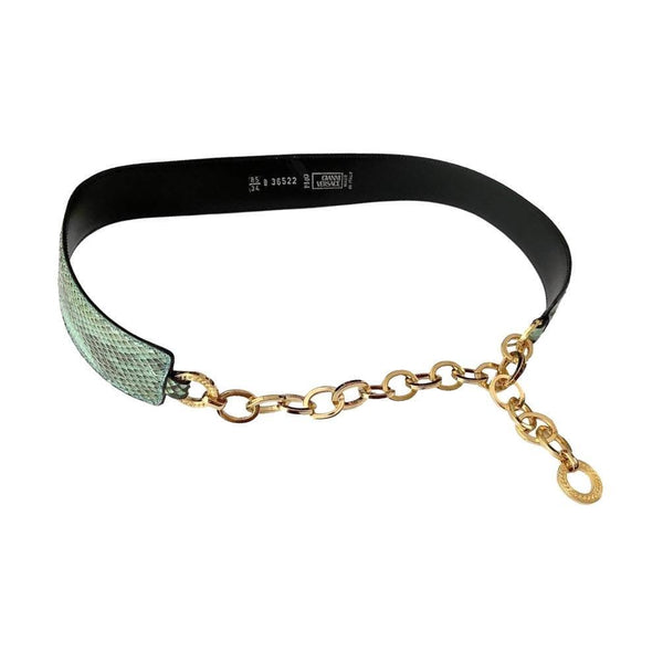 Versace Green Logo Snakeskin Chain Belt - Accessories