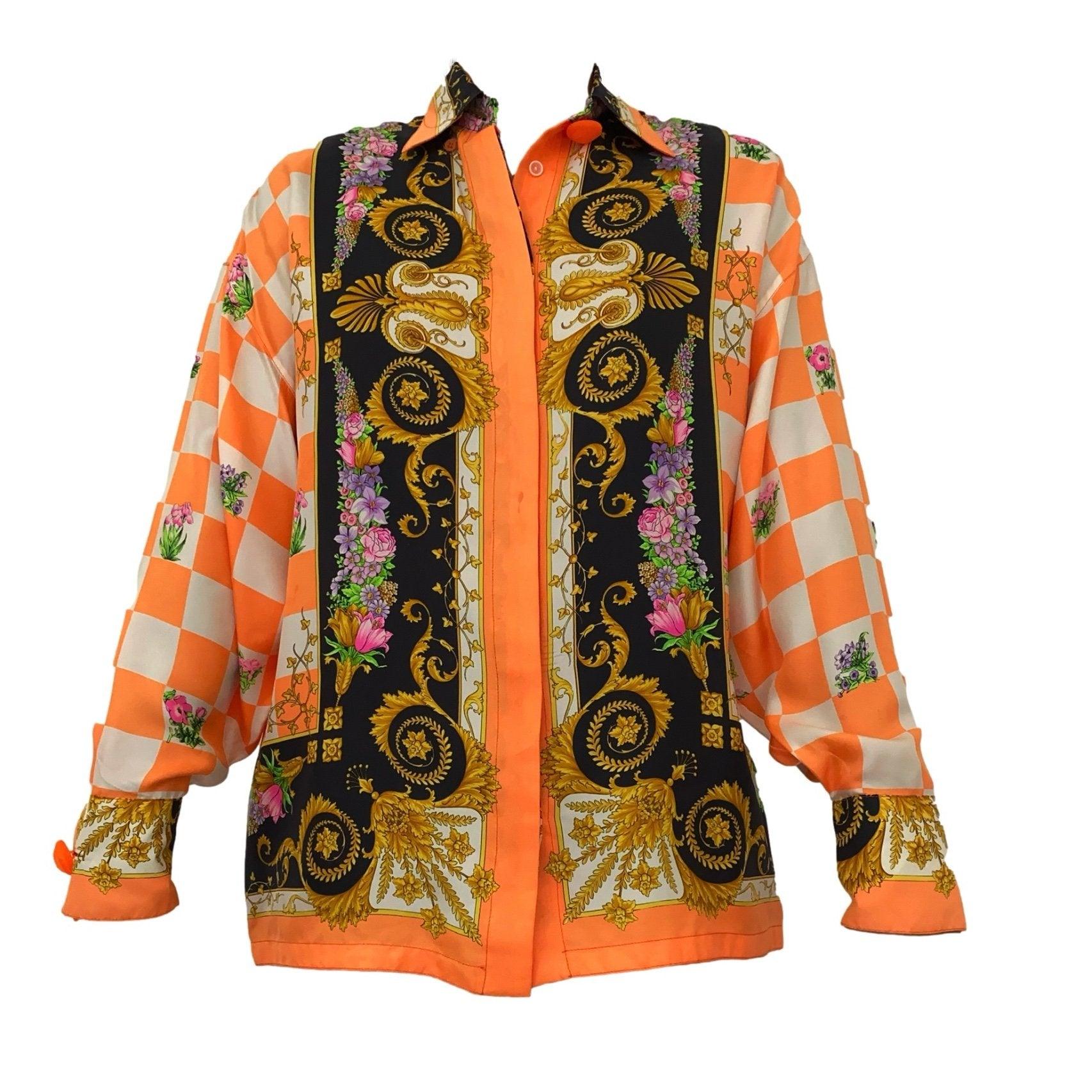Versace Orange Print Silk Button Down - Apparel