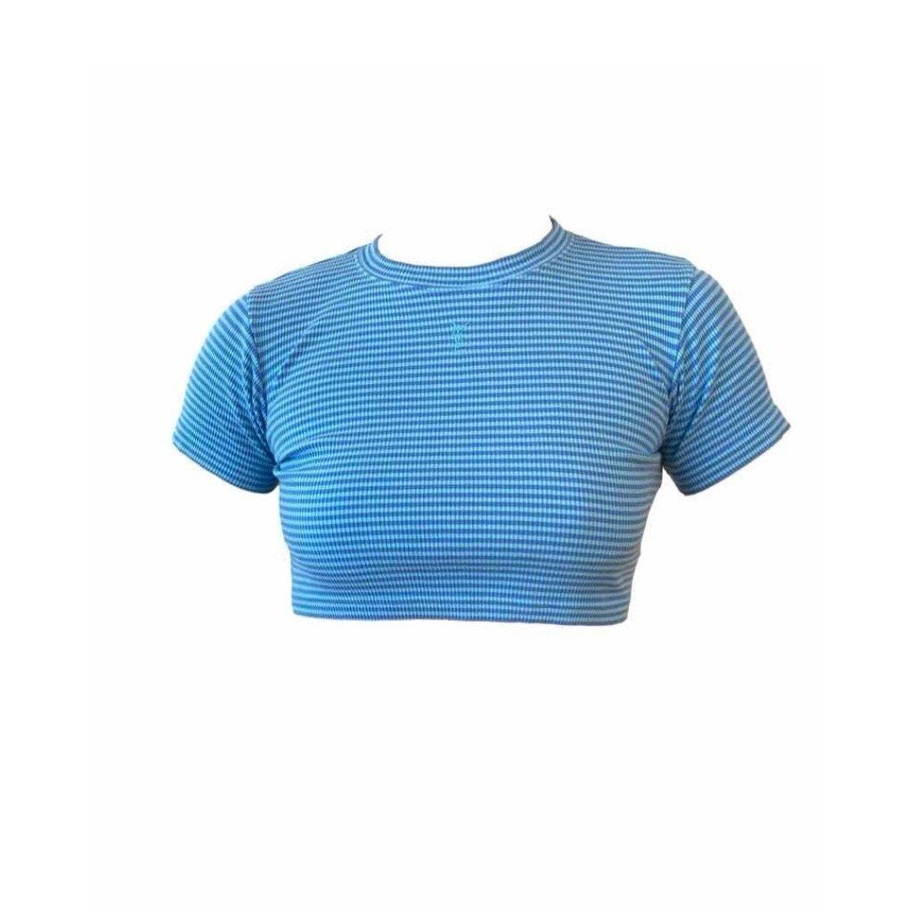 YSL Baby Blue Stripe Logo Crop Top - Apparel