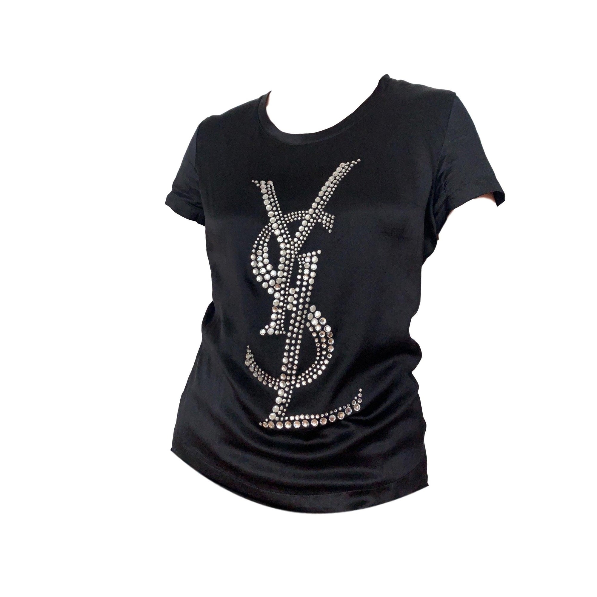 YSL Black Jeweled Silk T-Shirt - Apparel