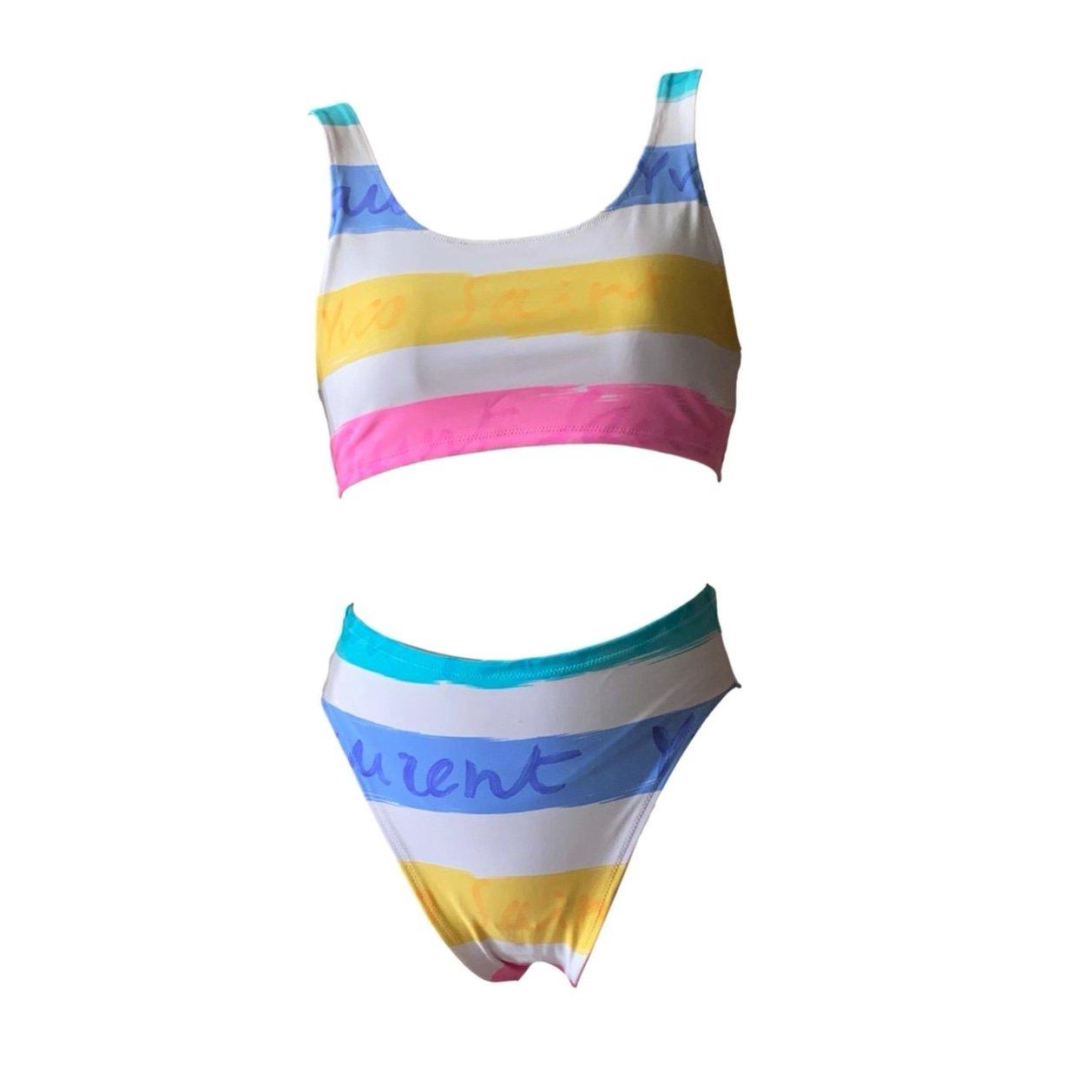 YSL Pastel Stripe Logo High Waisted Bikini - Swimwear