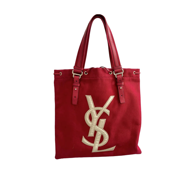 YSL Red Canvas Logo Shoulder Tote - Handbags