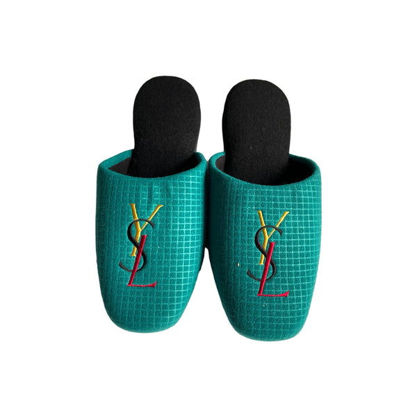 YSL Teal Grid Logo Slippers - Home