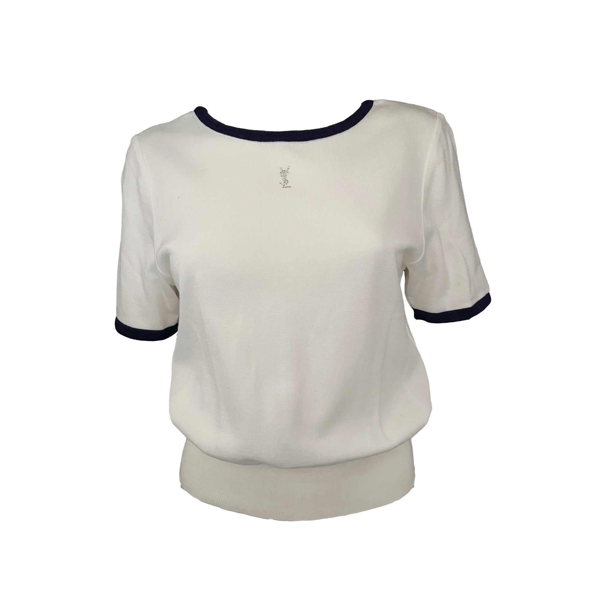 YSL White Knit Sequin Logo Short Sleeve - Apparel